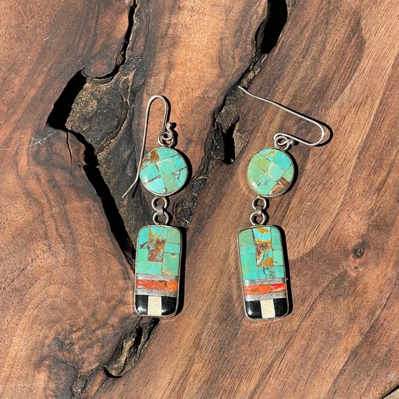 Native American silver and mosaic turquoise, coral & shell earrings - Picture 2 of 6